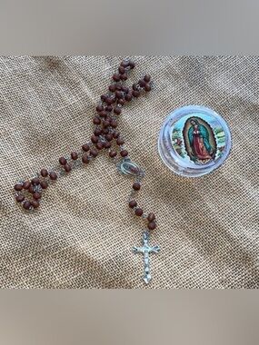 Virgin Mary rosary wooden catholic necklace New with box
